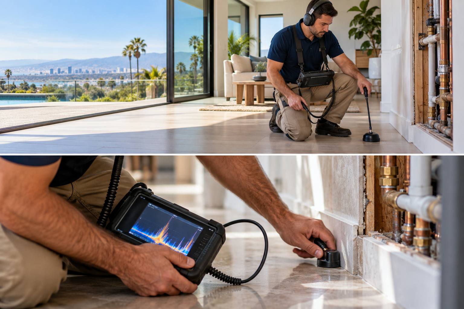 Technician using leak detection equipment beside exposed plumbing in a California-style home